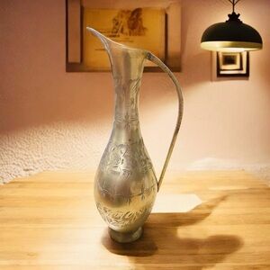 Vintage Solid Brass Pitcher Vase Etched with Handle  11" India